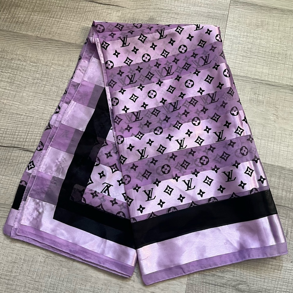 LOUIS VUITTON Lilac Purple Black Silk Monogram Scarf Wrap Shawl - Picture 2 of 16